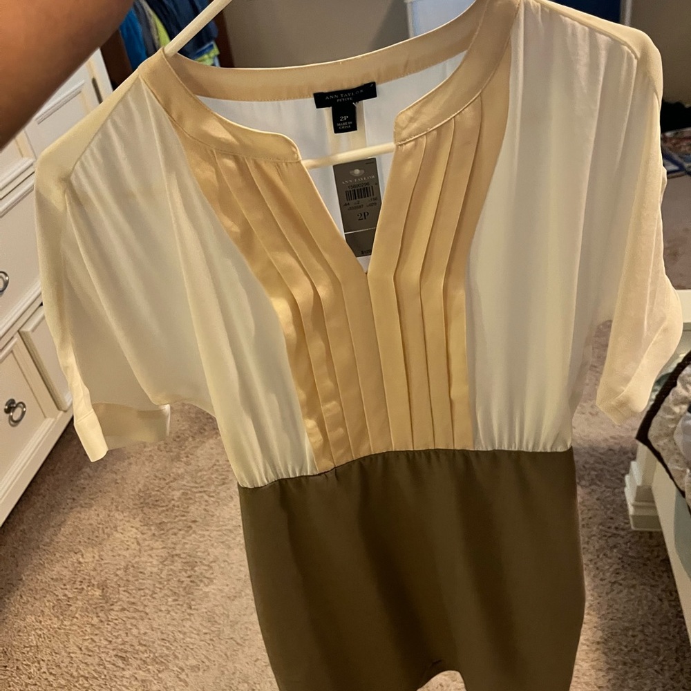 Ann Taylor Cream Pleated Short Sleeve dress